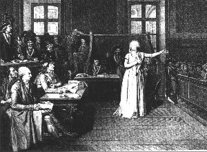 Engraving of queen Marie-Antoinette trial during French Revolution