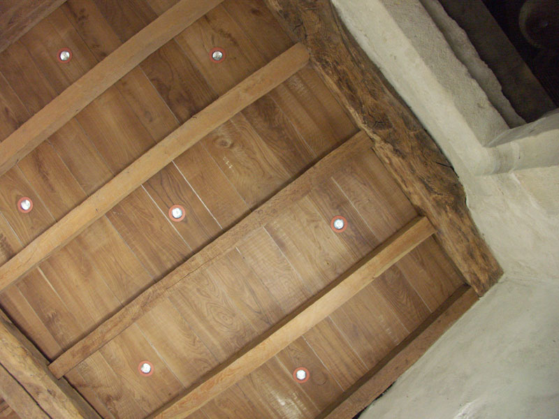 Plafond chÃªne naturel avec spots intÃ©grÃ©s